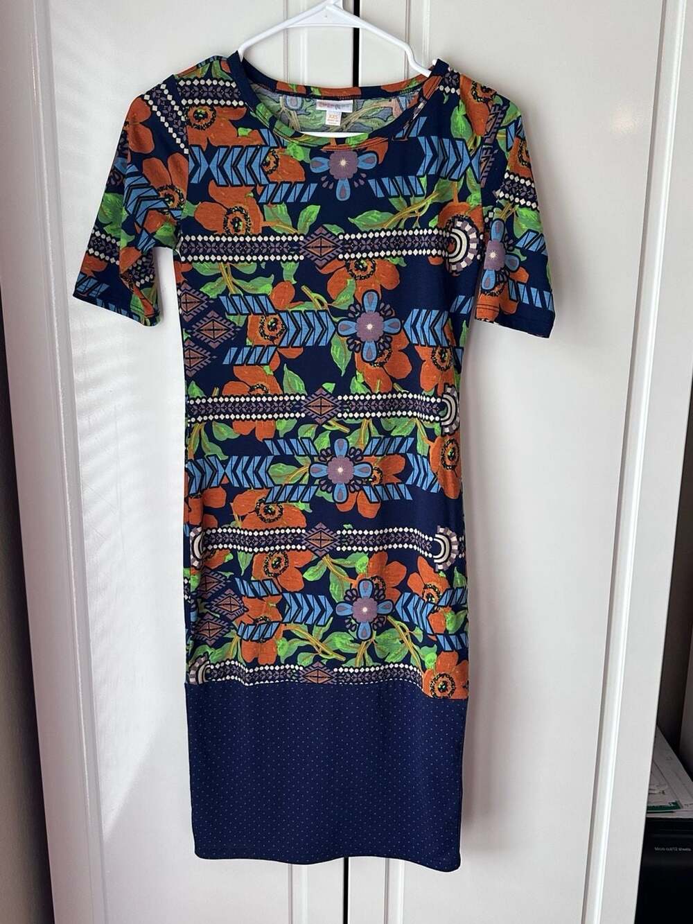 LuLaRoe Julia Dress Size XXS Floral Geometric Navy Short Sleeve Midi
